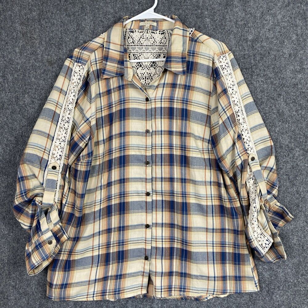 Kate &  Sam Blouse L Blue Cream Plaid Button  Crochet Country Cottage